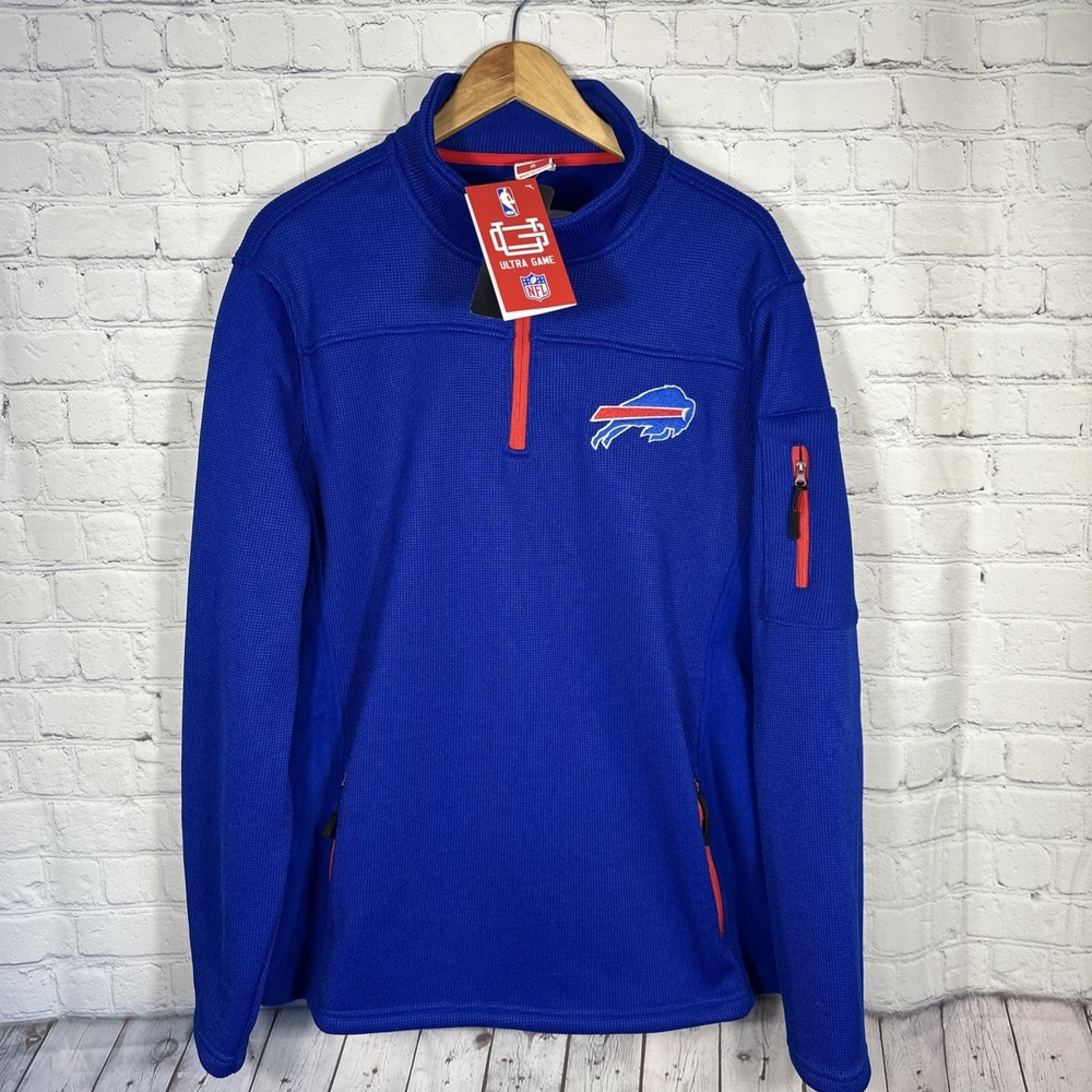 Ultra Game NFL Buffalo Bills Mens Quarter Zip Fleece Pullover Blue Medium NWT